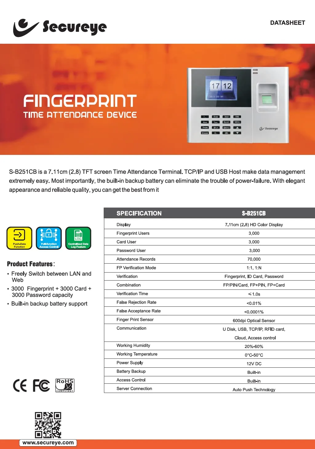 Secureye Biometric Fingerprint Time Attendance Device (S-B251CB) view 2